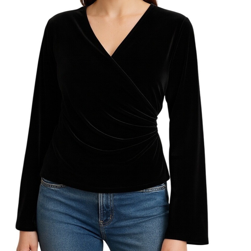 Vintage JBS LTD 90s Black Velvet Faux Wrap Ruched Blouse M Holiday Party Glam